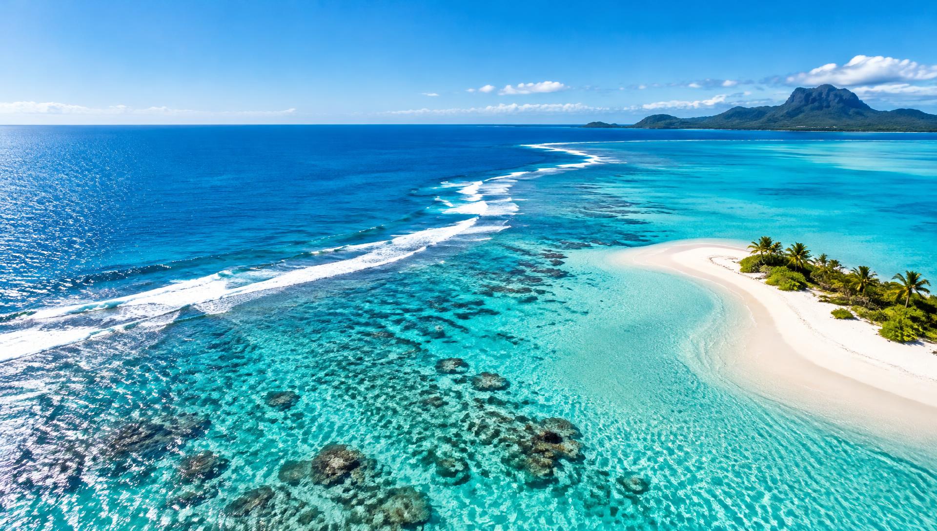 Aerial view of bright turquoise ocean water over a coral reef